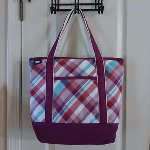Lands' End Medium 5-Pocket Canvas Tote Bag Beach Bag Boat Tote Flannel Plaid